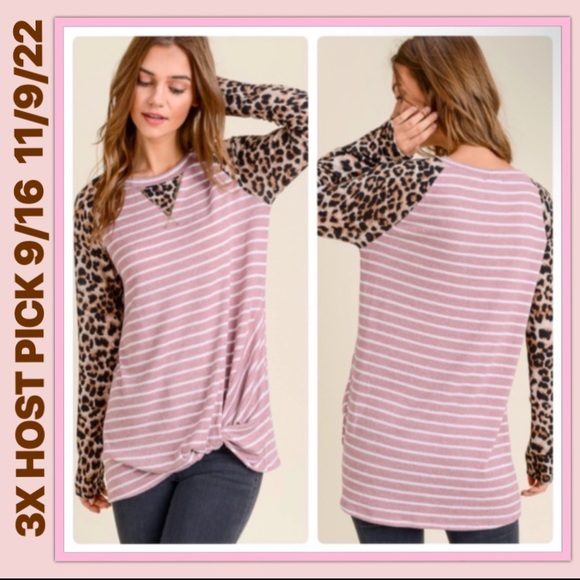 HP Brand NWT Gorgeous Pink & White Striped Leopard Front Twisted Hem Top Medium - Picture 5 of 7
